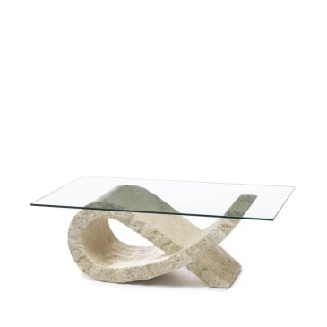 Fiocco coffee table from the Stones line with fossil stone base and glass top. Suitable for hotels, apartments and studios