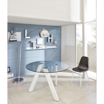 Rondo 'runder Tisch mit weißer Metall- oder Stahlstruktur und transparenter Glasplatte