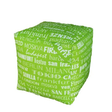 Puf Sacco Cube impermeable para exteriores con tejido de ciudades del mundo