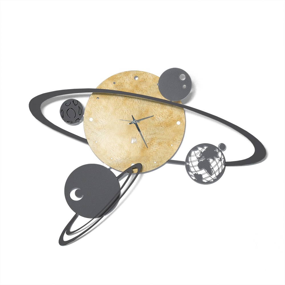 Veggklokke Solar System malt i gull og svart blad