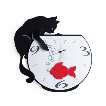Relógio de parede TOMMY e FISH by Arti e Mestieri pêndulo com lindo gatinho feito inteiramente de metal preto