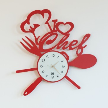 Wandklok I LOVE CHEF van Arti e Mestieri van metaal met keukenmotief verkrijgbaar in rood en zwart
