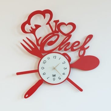 Wanduhr I LOVE CHEF von Arti e Mestieri aus Metall mit Küchenmotiv in Rot und Schwarz erhältlich
