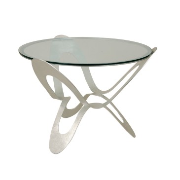 Ninfa coffee table by Arti e Mestieri made of curved metal with glass top in two finishes