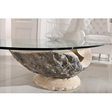 Venere Smoking Table With Stone Base, Fossil Stone Glass Coffee Table