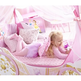 Wagenförmiges Kinderbett für Mädchen. Abmessungen 171 x 76 cm MDF-Struktur und Polyester-Vorhänge