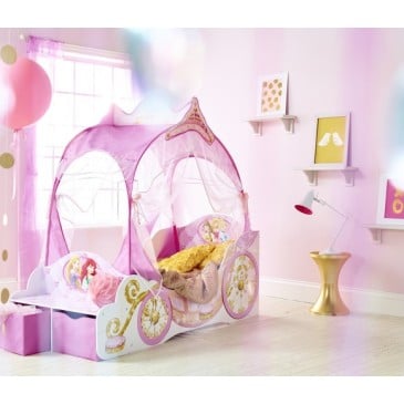 Cot in the shape of a carriage of the princesses for girls. Dimensions 171 X 76cm structure in MDF and curtains in Polyester