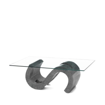 Table pour fumeurs Flexus avec base en pierre fossile et plateau en verre adapté aux studios ou appartements. Disponible en deux