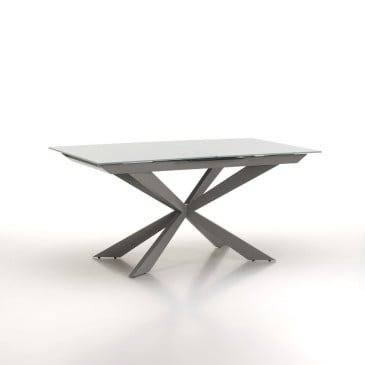 Willekeurige uitschuifbare tafel gemaakt met metalen structuur en gelakt glazen blad