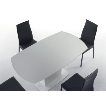 Mesa extensible Bond con tapa giratoria de cristal extrablanco y estructura de acero y madera