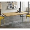 Table Snooke fixe ou extensible avec base en verre transparent et plateau en bois avec finition chêne teinté