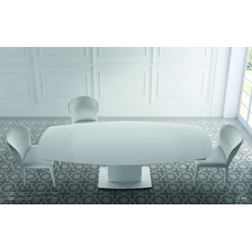 Bond ausziehbarer Tisch mit drehbarer extraweißer Glasplatte und Stahl- und Holzstruktur