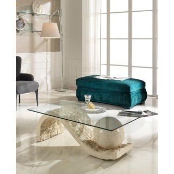 Onda smoking table of the Stones line with base in fossil stone and glass top suitable for all habitants
