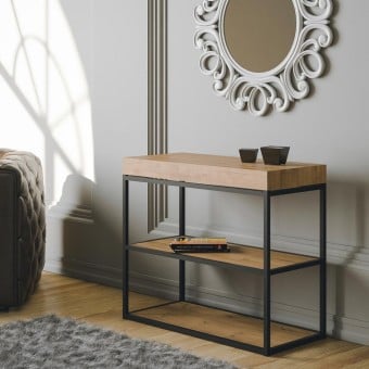 Plano extendable console with extendable metal structure and wooden shelves for extensions