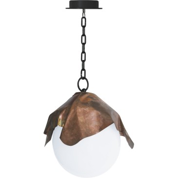 Lámpara de suspensión Magic con cadena y rosetón en metal pintado y placa de cobre a modo de pantalla