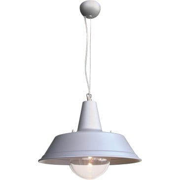 Terminalopphengslampe med lampeskjerm i galvanisert stål og lampedekskule i polykarbonat