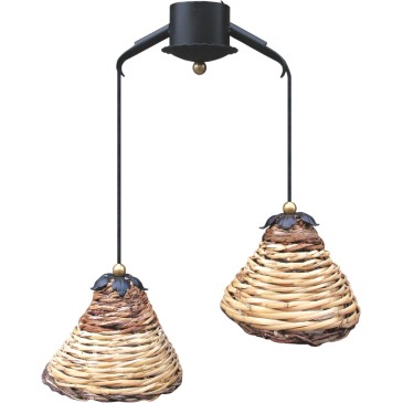 Dedalo hanglamp met twee lampen in smeedijzer en lampenkap in geweven riet
