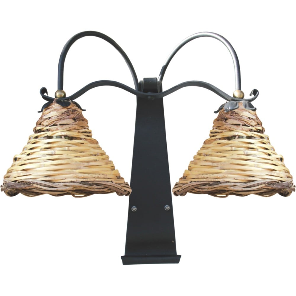 Dedalo wall lamp with two lights in wrought iron with lampshade in woven cane