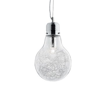 Lampada a sospensione Luce Max a forma di lampada con struttura in metallo e vetro soffiato disponibile in più versioni