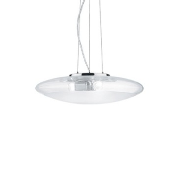 Smarties Heldere hanglamp in verchroomd metaal en diffuser in transparant en gezandstraald glas in het middengebied