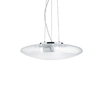 Smarties Heldere hanglamp in verchroomd metaal en diffuser in transparant en gezandstraald glas in het middengebied