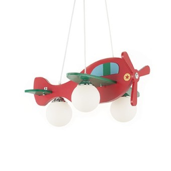 Lámpara de suspensión Avion para dormitorios infantiles estructurada en madera con detalles cromados y difusores de vidrio
