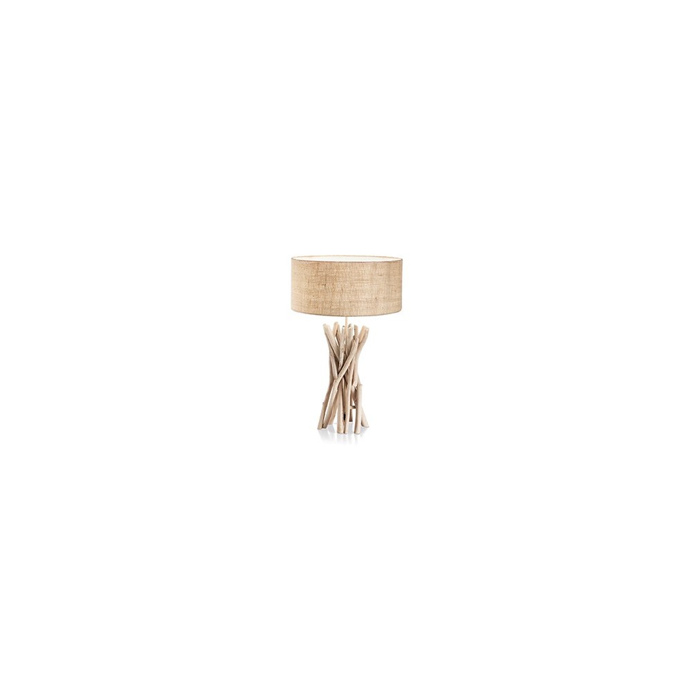 Driftwood metal table lamp with decorative elements in natural wood and fabric-covered lampshade