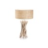 Lampada da tavolo Driftwood in metallo con elementi decorativi in legno naturale e paralume rivestito in stoffa