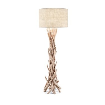 Driftwood metal floor lamp with decorative elements in natural wood and fabric covered lampshade