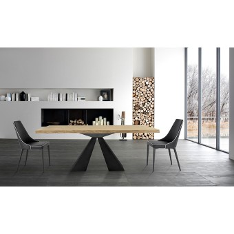 Table fixe ou extensible Dakota avec pied central en acier noir et plateau en chêne plaqué bord écorcé