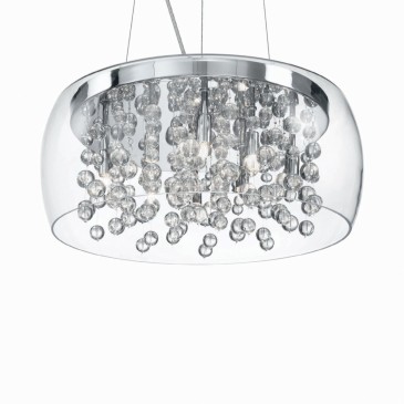 Audi-80 suspension lamp with 8 lights in chromed metal and decorative elements in glass