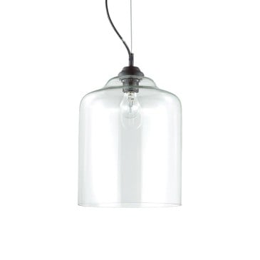 Lámpara de suspensión Bistrò Square con estructura de metal negro y difusor de cristal transparente