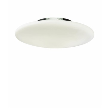 Lampada a soffitto Smarties Bianco a 3 luci con montatura in metallo cromato e vetro soffiato acidato bianco