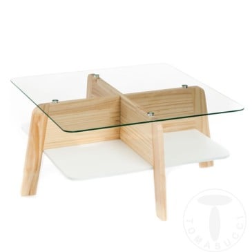 Varm woonkamertafel van Tomasucci met eikenhouten afwerking en transparant blad van gehard glas