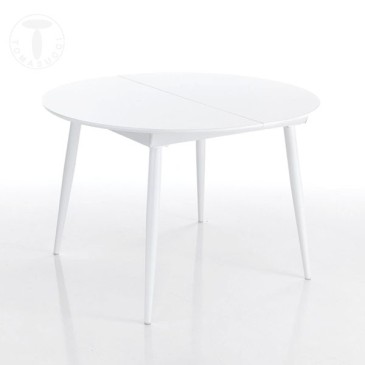 Tavolo rotondo allungabile Astro Round con struttura in metallo bianco lucido e piano in legno laccato bianco lucido