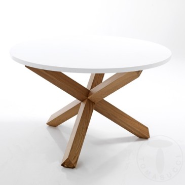 Table à manger ronde Frisia de Tomasucci avec structure en bois massif finition chêne et plateau en MDF laqué blanc mat