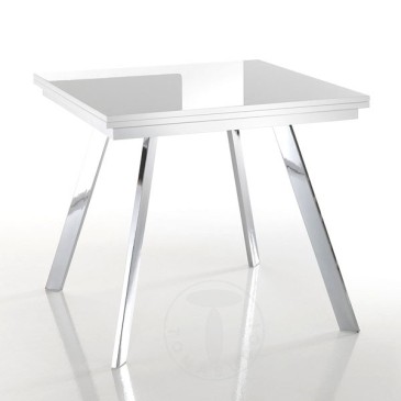 Mesa extensible rectangular Riky de Tomasucci con estructura de metal cromado y tablero de madera MDF lacada en blanco brillante