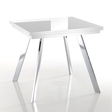 Riky ausziehbarer rechteckiger Tisch von Tomasucci mit verchromter Metallstruktur und glänzend weiß lackierter MDF-Platte