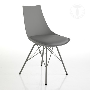 Kiki stoel van Tomasucci met glanzend grijze metalen poten, polypropyleen schaal en zitting bekleed met synthetisch leer
