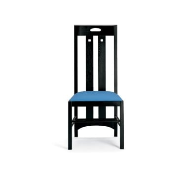 Reproduction of Mackintosh's Ingram Bis chair with lacquered ash structure and padded seat covered with leather or fabric