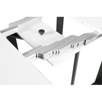 Console extensible Tecno avec structure en métal et plancher en bois rabattable