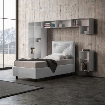 Appia single bed with wooden structure and capitonnè covered with imitation leather covering and with or without storage