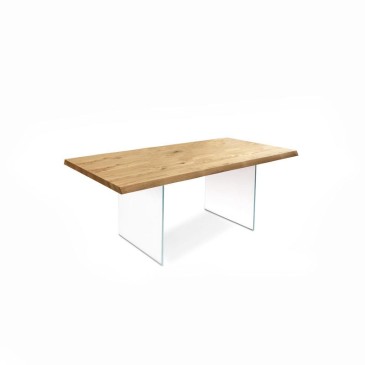 Table Snooke fixe ou extensible avec base en verre transparent et plateau en bois avec finition chêne teinté